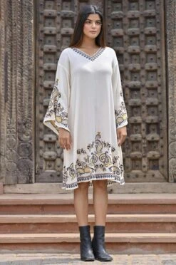 White Rayon Crepe Embroidered Short Dress -ZAZU Clothing Shop 2ss23a0473white4