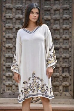 White Rayon Crepe Embroidered Short Dress -ZAZU Clothing Shop 2ss23a0473white5