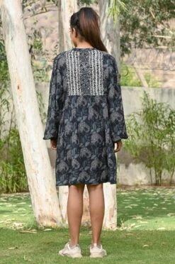 Black Printed Moss Crepe Floral Printed Short Dress -ZAZU Clothing Shop 2ss23a0481black5