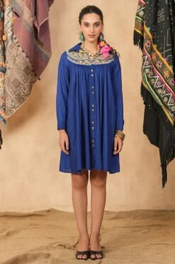 Blue Viscose Rayon Embroidered Dress