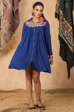 Blue Viscose Rayon Embroidered Dress -ZAZU Clothing Shop 2ss23a0485blue3