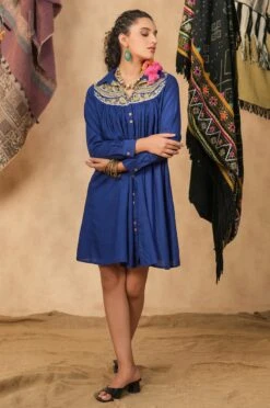 Blue Viscose Rayon Embroidered Dress -ZAZU Clothing Shop 2ss23a0485blue4