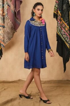 Blue Viscose Rayon Embroidered Dress -ZAZU Clothing Shop 2ss23a0485blue5