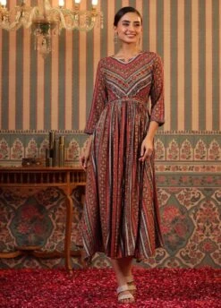 Red Rayon Foil Print Gathered Ethnic Dress With Belt