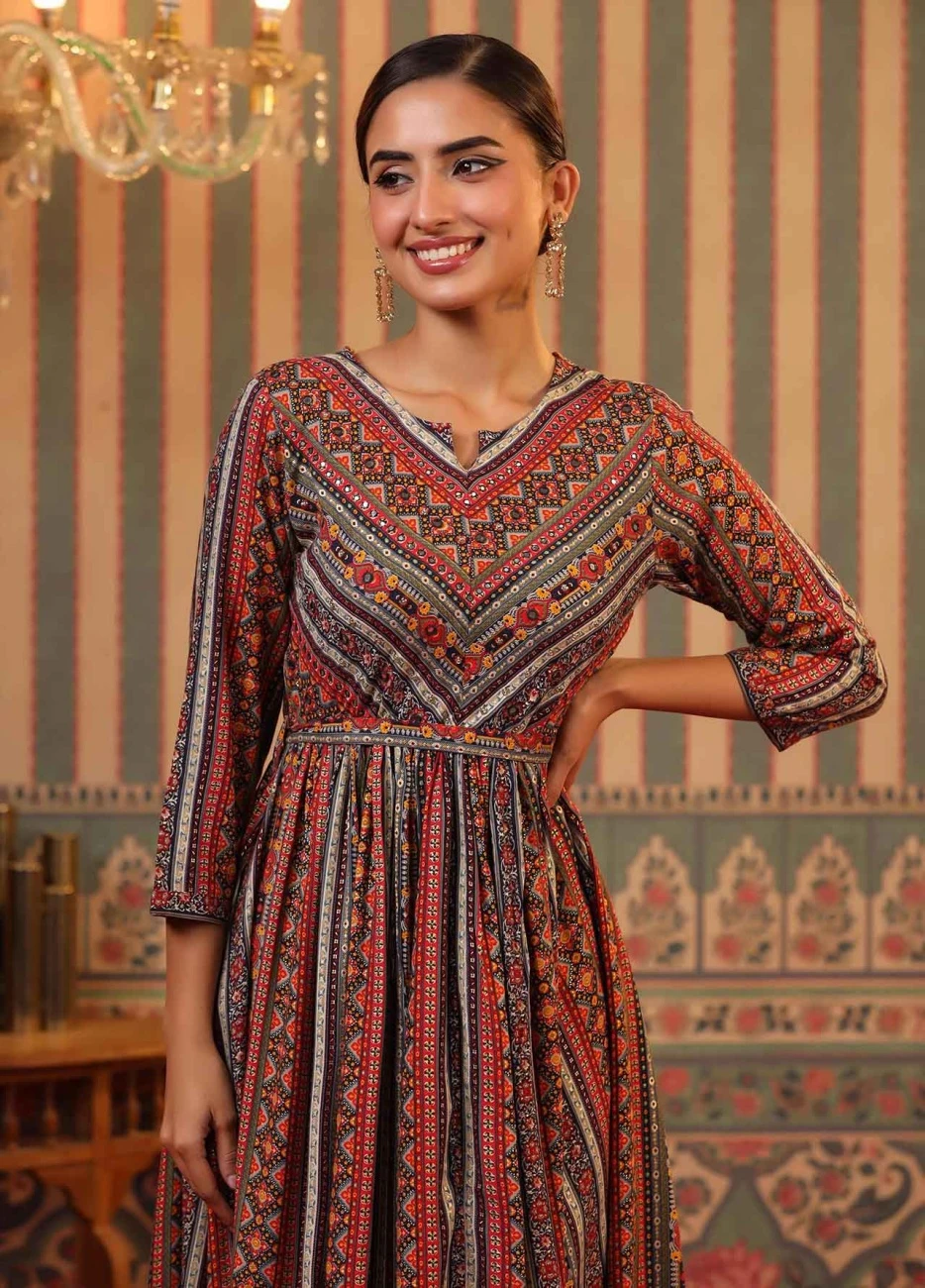 Red Rayon Foil Print Gathered Ethnic Dress With Belt 4 Red Rayon Foil Print Gathered Ethnic Dress With Belt - Image 2