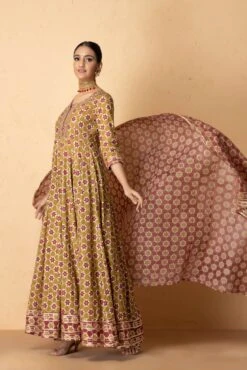 Mehndi Green Abstract Printed Maxi Dress With Printed Dupatta -ZAZU Clothing Shop 3 50592