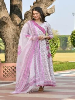 Gaurika Floral Jaal Block Printed Dress With Dupatta