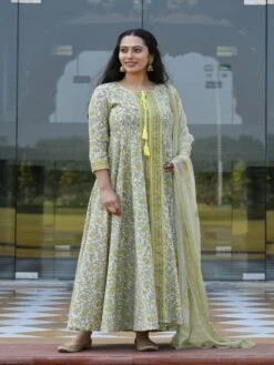 Dalaja Floral Jaal Block Printed Fit & Flared Dress With Dupatta