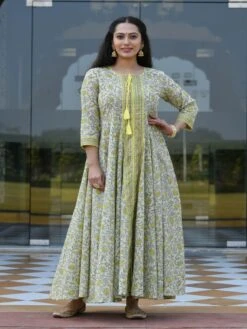 Dalaja Floral Jaal Block Printed Fit & Flared Dress With Dupatta -ZAZU Clothing Shop 46353