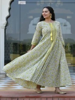 Dalaja Floral Jaal Block Printed Fit & Flared Dress With Dupatta -ZAZU Clothing Shop 46354