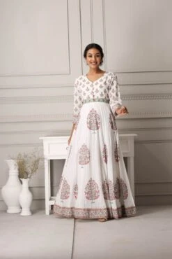 White Block Prined Long Maxi Dress With Dupatta -ZAZU Clothing Shop 4 33326