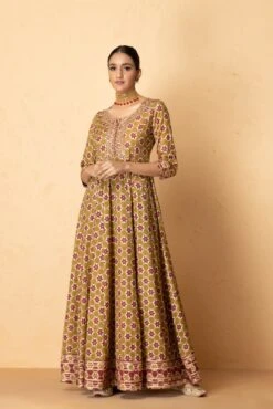 Mehndi Green Abstract Printed Maxi Dress With Printed Dupatta -ZAZU Clothing Shop 4 33340