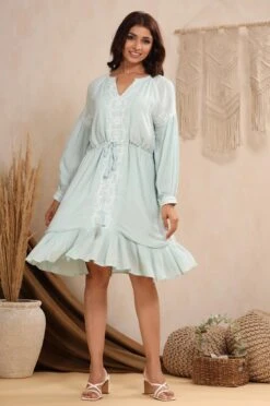Sky Blue Rayon Crepe Embroidery Dress