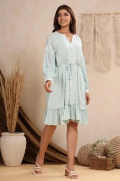 Sky Blue Rayon Crepe Embroidery Dress -ZAZU Clothing Shop 4ss23a0353skyblue4