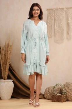 Sky Blue Rayon Crepe Embroidery Dress -ZAZU Clothing Shop 4ss23a0353skyblue6