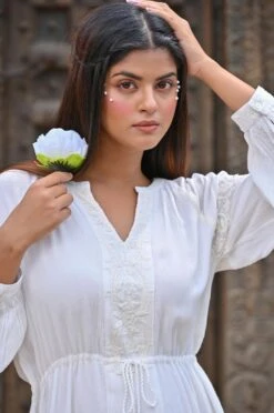 White Rayon Crepe Embroidery Dress -ZAZU Clothing Shop 4ss23a0353whiteb