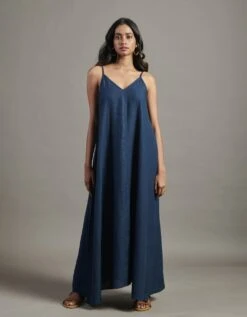 Indigo Linen Flared Slip Dress
