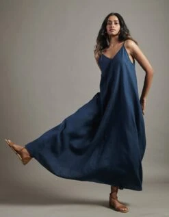 Indigo Linen Flared Slip Dress -ZAZU Clothing Shop 527053