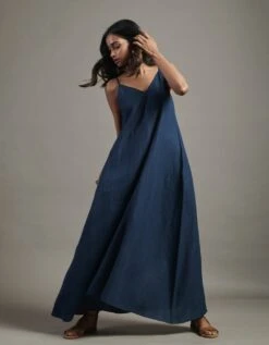Indigo Linen Flared Slip Dress -ZAZU Clothing Shop 527054