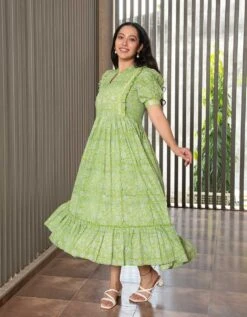 Green Floral Jaal Block Printed Dress -ZAZU Clothing Shop 5517green2