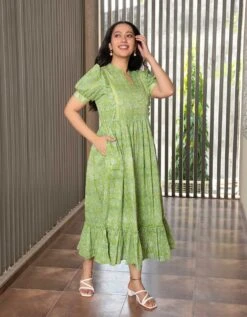 Green Floral Jaal Block Printed Dress -ZAZU Clothing Shop 5517green3