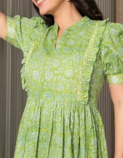 Green Floral Jaal Block Printed Dress -ZAZU Clothing Shop 5517green5