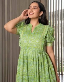 Green Floral Jaal Block Printed Dress -ZAZU Clothing Shop 5517greenb