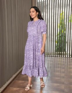 Purple Floral Jaal Block Printed Dress -ZAZU Clothing Shop 5517purple3