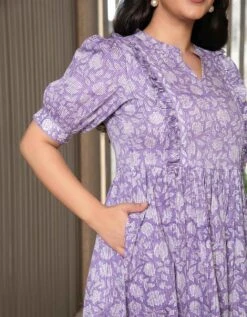Purple Floral Jaal Block Printed Dress -ZAZU Clothing Shop 5517purple5