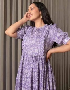Purple Floral Jaal Block Printed Dress -ZAZU Clothing Shop 5517purpleb