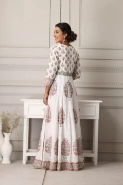White Block Prined Long Maxi Dress With Dupatta -ZAZU Clothing Shop 5 16129
