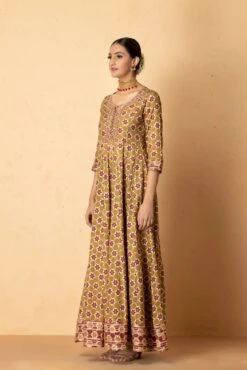 Mehndi Green Abstract Printed Maxi Dress With Printed Dupatta -ZAZU Clothing Shop 5 16136