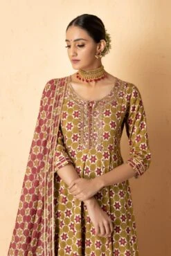 Mehndi Green Abstract Printed Maxi Dress With Printed Dupatta -ZAZU Clothing Shop 7 2540