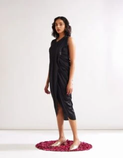 Pleated Shoulder Draped Dress- Rich Black -ZAZU Clothing Shop abi23172