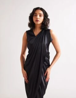 Pleated Shoulder Draped Dress- Rich Black -ZAZU Clothing Shop abi2317b