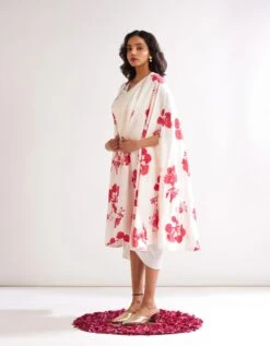 Pleated Shoulder Draped Dress With Gulmohar Cape- Ivory -ZAZU Clothing Shop abist11082