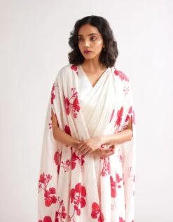 Pleated Shoulder Draped Dress With Gulmohar Cape- Ivory -ZAZU Clothing Shop abist1108b
