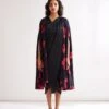 Pleated Shoulder Draped Dress With Gulmohar Cape- Rich Black -ZAZU Clothing Shop abist11091