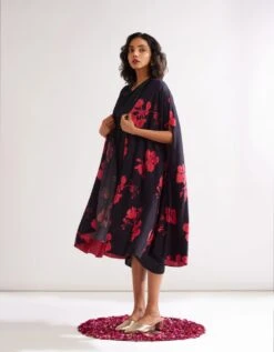 Pleated Shoulder Draped Dress With Gulmohar Cape- Rich Black -ZAZU Clothing Shop abist11092