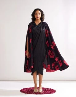 Pleated Shoulder Draped Dress With Gulmohar Cape- Rich Black -ZAZU Clothing Shop abist11093