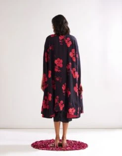 Pleated Shoulder Draped Dress With Gulmohar Cape- Rich Black -ZAZU Clothing Shop abist11094