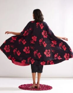 Pleated Shoulder Draped Dress With Gulmohar Cape- Rich Black -ZAZU Clothing Shop abist11095