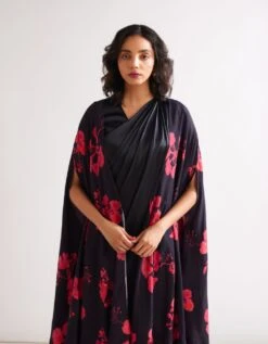 Pleated Shoulder Draped Dress With Gulmohar Cape- Rich Black -ZAZU Clothing Shop abist1109b