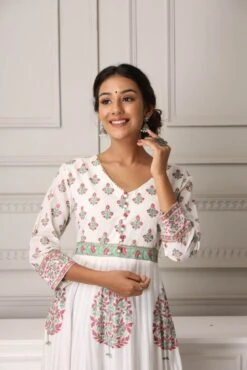 White Block Prined Long Maxi Dress With Dupatta -ZAZU Clothing Shop b 75782