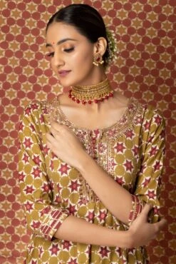 Mehndi Green Abstract Printed Maxi Dress With Printed Dupatta -ZAZU Clothing Shop b 75797