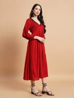 Red V-Neck Dress -ZAZU Clothing Shop cr0014
