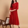 Red Collared Placket Dress -ZAZU Clothing Shop cr0071