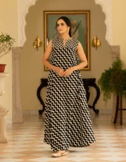 Black Monochromatic Long Flared Mandarin Collar Kurta Dress