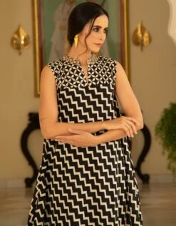 Black Monochromatic Long Flared Mandarin Collar Kurta Dress 15 Black Monochromatic Long Flared Mandarin Collar Kurta Dress -ZAZU Clothing Shop da337b