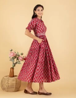 Red Ethnic Motifs Printed Flare A-Line Dress -ZAZU Clothing Shop da66912 1